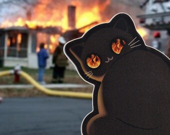 Desaster Cat Meme Aufkleber | Lustiger schwarze Katze Vinyl Aufkleber