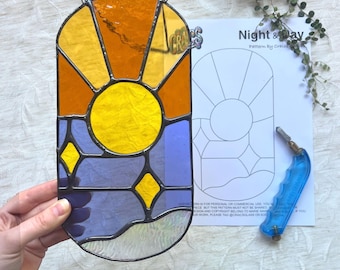 Night and Day Stained Glass Pattern| Sun, Moon and Stars – Digital Download (PDF & PNG). Commercial License