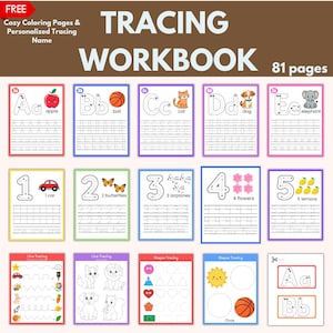 Op de afbeelding: Een overtrekwerkboek met 81 pagina's educatieve inhoud, inclusief alfabetletters met bijbehorende illustraties, cijfers met getelde objecten, lijnoefeningen, vormenoefeningen en kaarten om letters te oefenen.