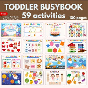 以下が含まれることがあります： 59個のアクティビティと100ページを備えた、カラフルな幼児向けアクティビティブックです。「Toddler Busybook」と書かれた表紙には、トレースアクティビティと塗り絵が含まれています。中には、形、色、数字などをマッチングするためのページがあります。この本には、アルファベットと体の部分を学ぶためのページも含まれています。