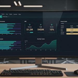 Puede incluir: Un monitor de ordenador curvo que muestra un panel de control empresarial con datos de rendimiento de ventas, KPI y tendencias mensuales. La pantalla muestra 1,2 millones de ingresos, 450.000 € de beneficios y un crecimiento del 15%.