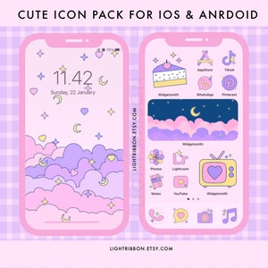 Cute App Icon Pink Purple Iphone IOS 14 , Kawaii Icons iPhone IOS 16 App Aesthetic Home Scren Widget Icons Android pack