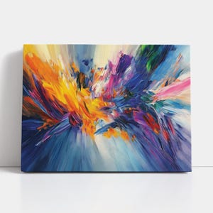 May include: Abstract painting with vibrant colors, including blue, yellow, pink, and purple. The colors are blended together in a swirling, dynamic pattern, creating a sense of movement and energy.