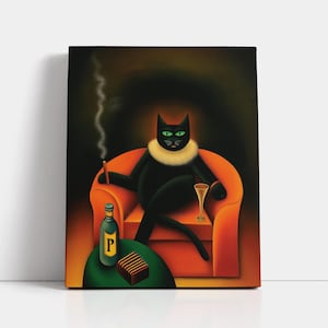 Black Cat Martini Art Print: Surreal Feline Bar Decor, Lounge Poster or Canvas