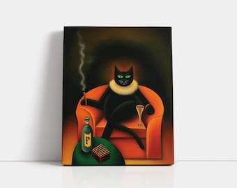 Black Cat Martini Art Print: Surreal Feline Bar Decor, Lounge Poster or Canvas