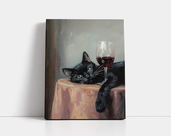 Black Cat Wine Art Print: Moody Feline Impressionist Painting