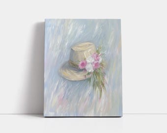 Peony Hat Art Print: Impressionist Floral Painting, Cottagecore Decor