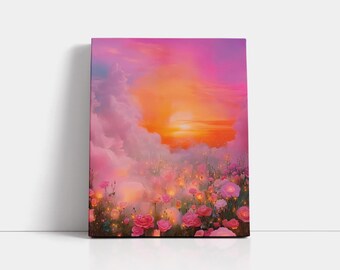 Wildflower Field Art Print: Pink Sunset Sky Canvas, Fairycore Decor