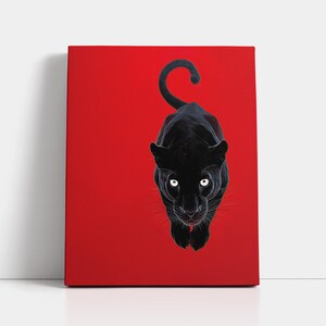Black Panther Wall Art Print, Red Background Animal Poster, Bold Jungle Cat Decor, Modern Minimalist Pet Portrait