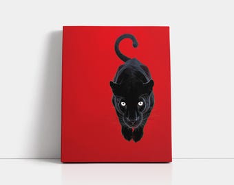 Black Panther Canvas Print: Minimalist Jungle Cat Art, Red Background