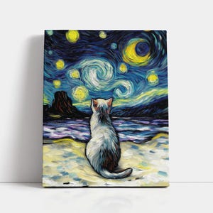 Post-Impressionistische Sternennacht inspirierte Malerei, Weiße Katze Wandkunst, Haustier Porträt Backshot Blick in den Himmel, Mattes Poster oder Leinwanddruck