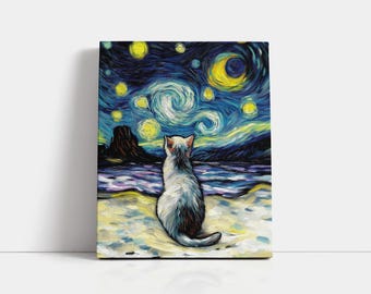 Starry Night Cat Art: Post-Impressionist Pet Portrait, Whimsical Wall Art