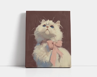 White Cat Art Print: Vintage Kitten with Pink Bow, Cottagecore Decor