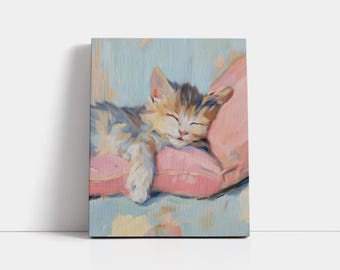 Pastel Kitten Canvas Print: Dreamy Sleeping Cat Portrait, Nursery Wall Art