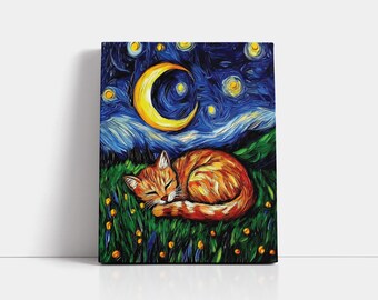 Orange Tabby Cat Starry Night Art: Van Gogh Style Poster or Canvas
