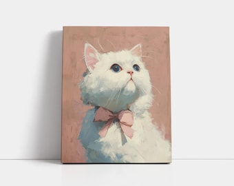 White Kitten Canvas Print: Pink Bow Cat Portrait, Cottagecore Nursery Art