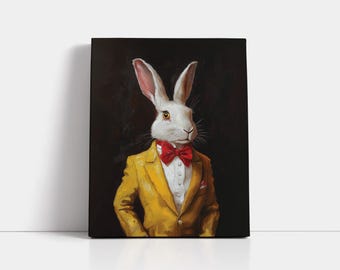 Rabbit Portrait Art: Whimsical Animal Print, Yellow Tuxedo