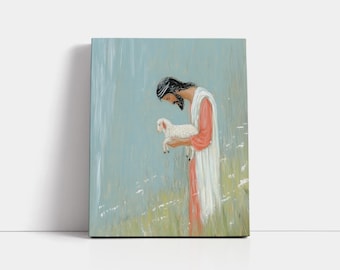 Jesus Holding Lamb Art: Pastel Illustration, Prayer Room Decor (Poster or Canvas)