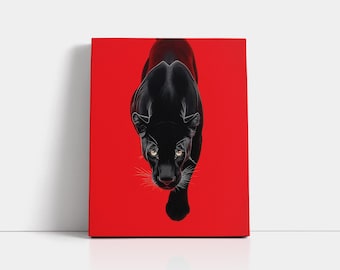 Black Panther Art Print: Red Background, Hyperreal Jungle Cat