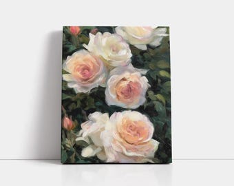White Rose Garden Painting: Impressionist Floral Canvas Art