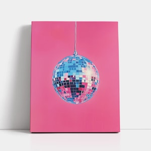 Maximalist Retro Disco Ball Wall Art Canvas Print, Hot Beachy Pink Wall Art, Eclectic Wall Art, 80s Wall Art, Modern Aesthetic Maximalism
