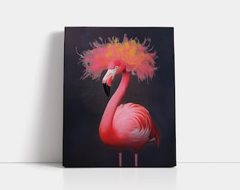 Pink Flamingo Wig Portrait: Exotic Bird Art Print, Canvas or Poster