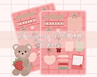Strawberry Stationery Stickers for Digital Planner | Cute Kawaii Bear | GoodNotes Planner/ Cute GoodNotes Planner Stickers PNG