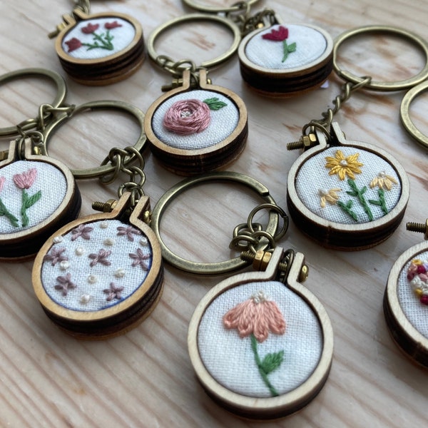 Lucky Dip Hand Embroidered Keyring, Mystery Bag Modern Embroidered Keychain , Floral Keychain