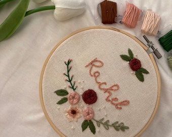 Custom Embroidery Name, Personalised Embroidered Hoop , Floral Embroidery Name Made to order embroidery gift