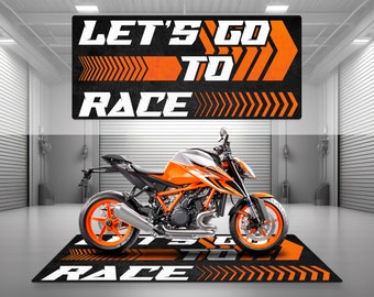 Garage Mat Design for Let's Go To Race Motorcycle Mat Personalized Display Showroom Floor Pit Mat Non-Slip and Washable