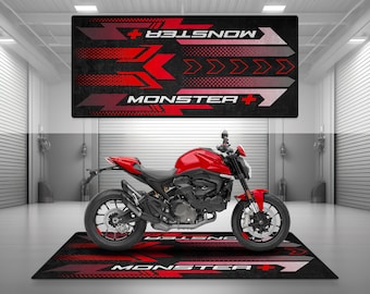 Alfombrilla de garaje con diseño Monster + Plus para motocicleta, alfombrilla personalizada para exposición, suelo de exposición, antideslizante y lavable