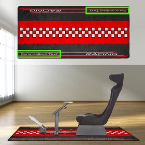 May include: A black and red racing floor mat with a checkered pattern and the word "RACING" printed on it. The mat also has a space for personalized text.