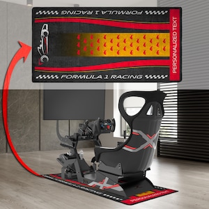 May include: A black racing simulator seat with a red and gray design. The seat is on a black and red racing mat with the text "FORMULA 1 RACING" and "PERSONALIZED TEXT".