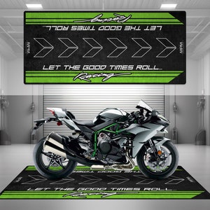 Garage Mat &quot;Times Roll&quot; Design for Ninja Green Motorcycle Mat Personalized Display Showroom Floor Pit Mat Non-Slip and Washable