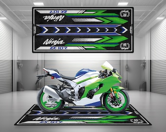 Garage Mat Design for Ninja ZX-10R 40th Anniversary Motorcycle Mat Personalized Display Showroom Floor Pit Mat Non-Slip and Washable