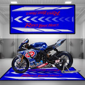 Garage Mat Design for Revs Your Heart Motorcycle Mat Personalized Display Showroom Floor Pit Mat Non-Slip and Washable