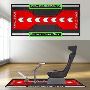 May include: A black and red racing mat with white arrows and the word "RACING" on the side. The mat has a gray area in the center with the text "Personalized Text" on it.