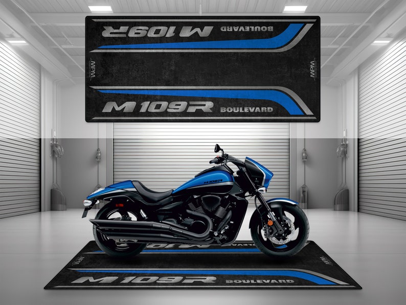 Garage Mat Design for Boulevard M109R Motorcycle Mat Personalized Display Showroom Floor Pit Mat Non-Slip and Washable Metallic Triton Blue