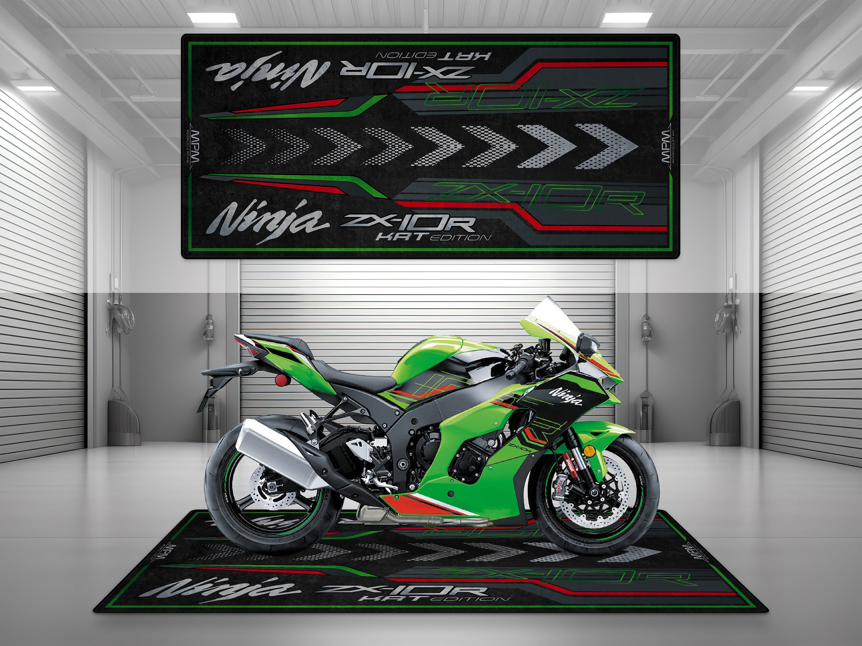 Garage Mat Design for Ninja ZX-10R KRT Edition Motorcycle Mat Personalized Display Showroom Floor Pit Mat Non-Slip and Washable