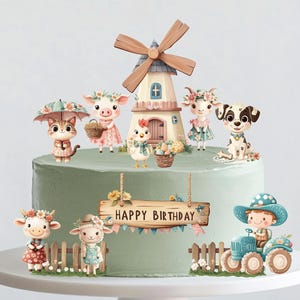 Editable Birthday Farm Animals Cake & Cupcake Toppers | Blue Tractor | 3D Windmill | Perfect for Food Printers | Barnyard Party DIY | Cat