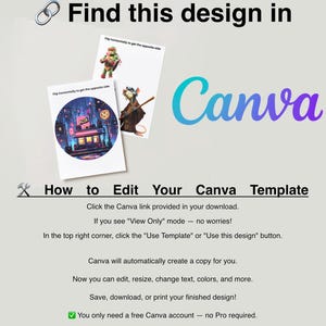 May include: A graphic promoting a design available in Canva. The image includes the Canva logo, instructions on how to edit a template, and illustrations of cartoon characters. Text reads "Find this design in Canva."
