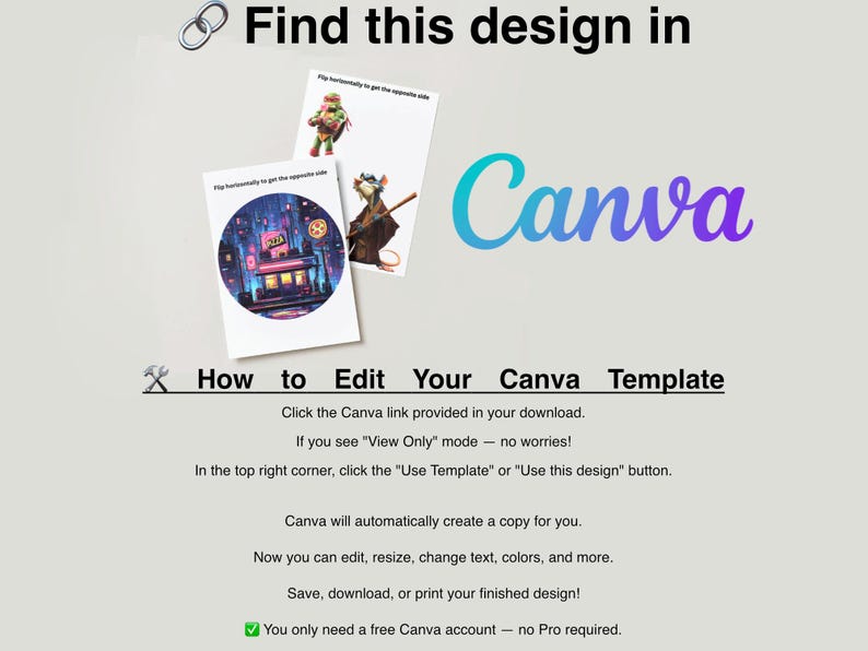 May include: A graphic promoting a design available in Canva. The image includes the Canva logo, instructions on how to edit a template, and illustrations of cartoon characters. Text reads "Find this design in Canva."
