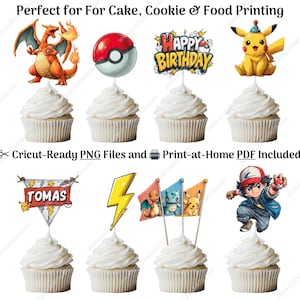 Anime-Inspired Printable Cake Topper Set | Fire Dragon, Electric Pika & Young Trainer | Edit in Canva | Birthday Centerpiece Cupcake party