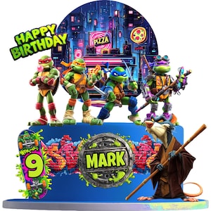May include: A blue birthday cake featuring the Teenage Mutant Ninja Turtles. The cake is decorated with the words "Happy Birthday" and the number "9". The cake also includes a pizza sign and the name "Mark".