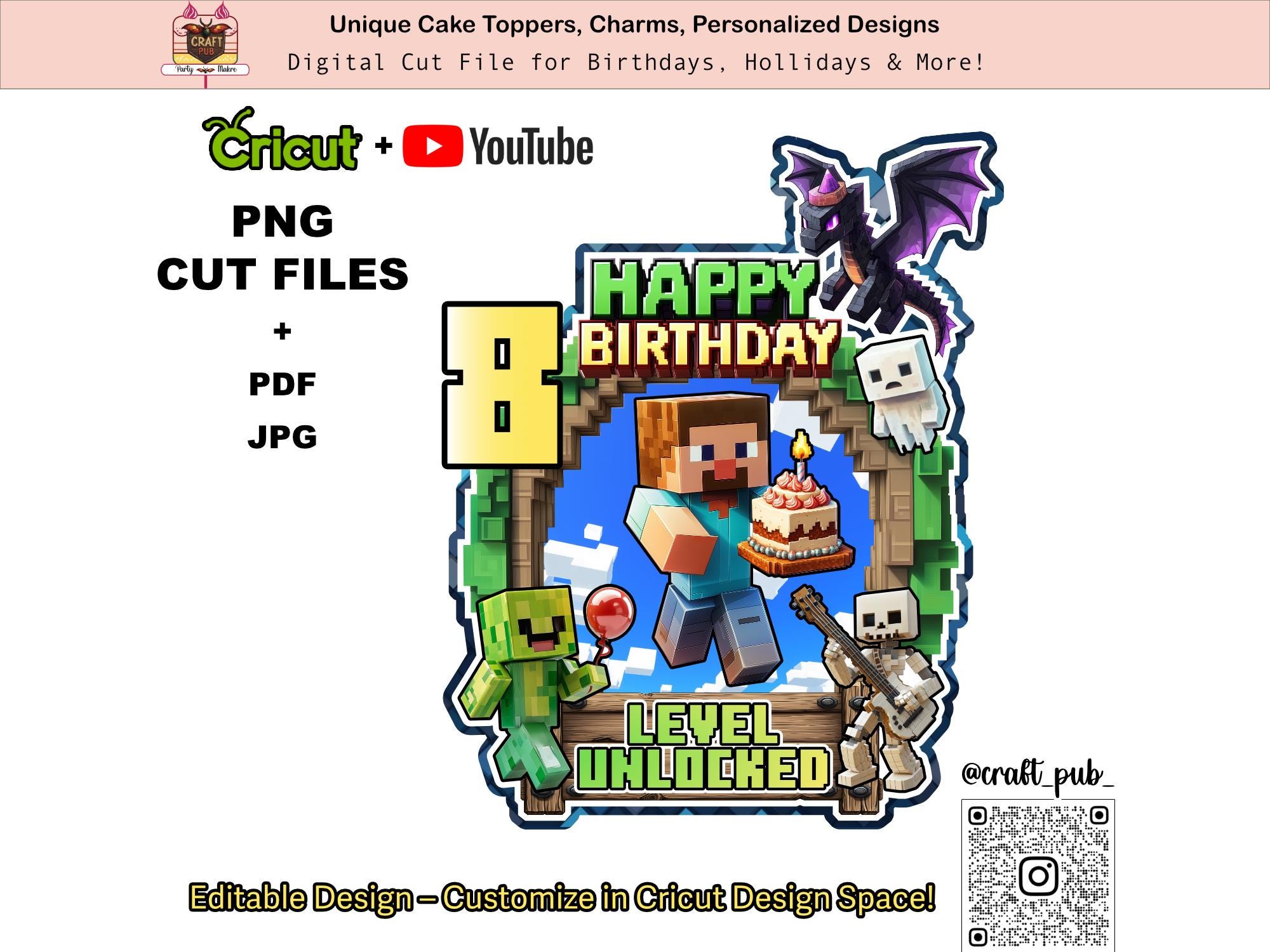 Pixel Birthday 3D Cake Topper
