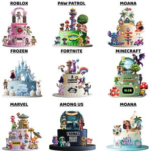 May include: Nine decorated birthday cakes with various themes, including Roblox, Paw Patrol, Moana, Frozen, Fortnite, Minecraft, Marvel, Among Us, and Moana. Each cake features character figurines and themed decorations, with some including text like "Happy Birthday".