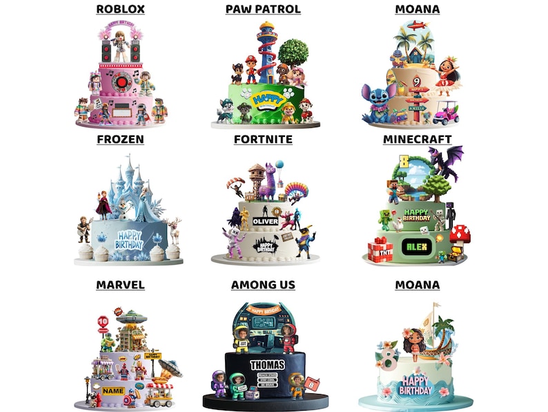 May include: Nine decorated birthday cakes with various themes, including Roblox, Paw Patrol, Moana, Frozen, Fortnite, Minecraft, Marvel, Among Us, and Moana. Each cake features character figurines and themed decorations, with some including text like "Happy Birthday".