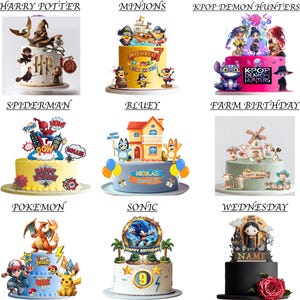 May include: Nine decorated cakes with various themes, including Harry Potter, Minions, Kpop Demon Hunters, Spiderman, Bluey, Farm Birthday, Pokemon, Sonic, and Wednesday. Each cake features character figurines and themed decorations.