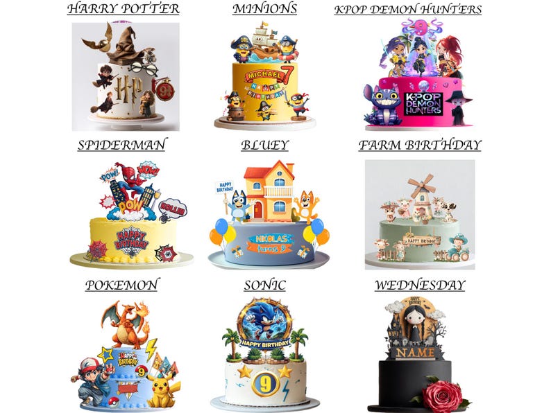 May include: Nine decorated cakes with various themes, including Harry Potter, Minions, Kpop Demon Hunters, Spiderman, Bluey, Farm Birthday, Pokemon, Sonic, and Wednesday. Each cake features character figurines and themed decorations.
