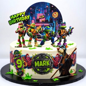 May include: A decorated birthday cake featuring Teenage Mutant Ninja Turtles figurines. The cake has a cityscape backdrop and the words "Happy Birthday." Additional decorations include a skateboard with the number 9 and a personalized nameplate.